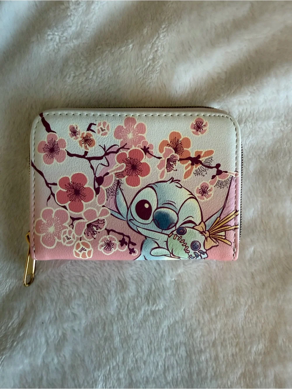 New Loungefly Disney Stitch Cherry Blossom Zip Wallet - Pink, Cream, Blue - Picture 2 of 4